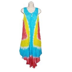 A Just Be Gauze Free Size (Large/ LX ) Tie Dye Pull On Midi Dress Rayon Sequins